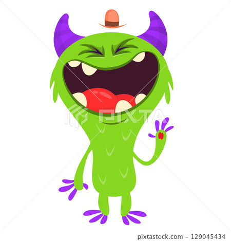 Cartoon cute monster with funny excited face expression waving hands. Vector illustration isolated on white. Halloween design 129045434