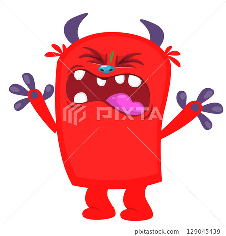 Cartoon cute monster with funny excited face expression waving hands. Vector illustration isolated on white. Halloween design Cartoon cute monster with funny excited face expression waving hands. Vector illustration isolated on white. Halloween design 129045439