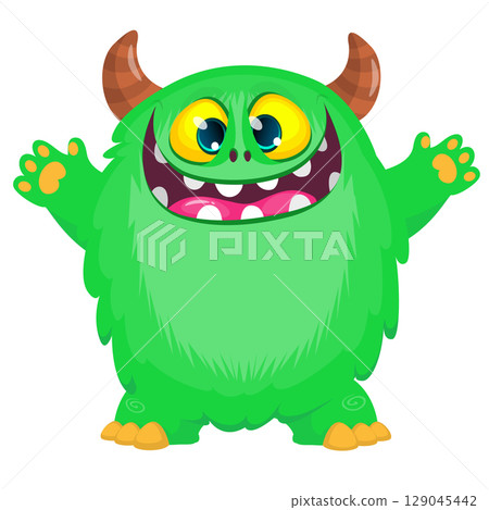 Cartoon cute monster with funny excited face expression waving hands . Vector illustration isolated on white. Halloween design Cartoon cute monster with funny excited face expression waving hands . Vector illustration isolated on white. Halloween design 129045442