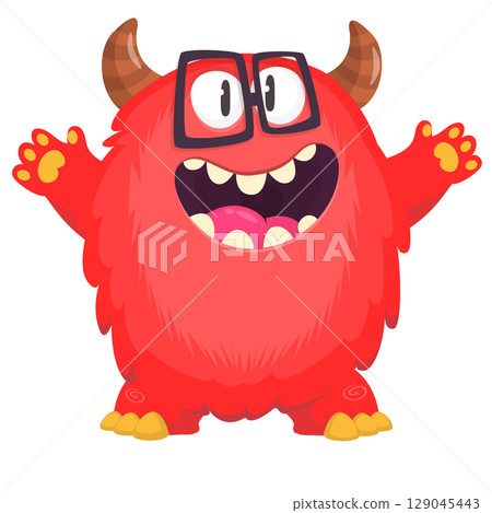 Cartoon cute monster with funny excited face expression waving hands . Vector illustration isolated on white. Halloween design Cartoon cute monster with funny excited face expression waving hands . Vector illustration isolated on white. Halloween design 129045443