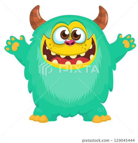 Cartoon cute monster with funny excited face expression waving hands . Vector illustration isolated on white. Halloween design Cartoon cute monster with funny excited face expression waving hands . Vector illustration isolated on white. Halloween design 129045444
