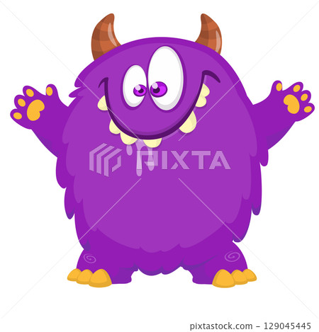 Cartoon cute monster with funny excited face expression waving hands . Vector illustration isolated on white. Halloween design Cartoon cute monster with funny excited face expression waving hands . Vector illustration isolated on white. Halloween design 129045445
