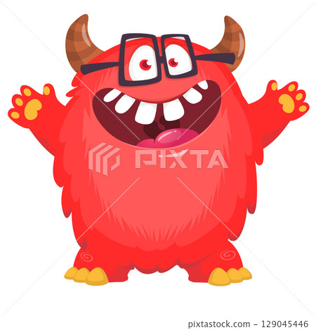 Cartoon cute monster with funny excited face expression waving hands . Vector illustration isolated on white. Halloween design Cartoon cute monster with funny excited face expression waving hands . Vector illustration isolated on white. Halloween design 129045446
