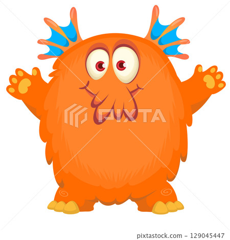 Cartoon cute monster with funny excited face expression waving hands . Vector illustration isolated on white. Halloween design Cartoon cute monster with funny excited face expression waving hands . Vector illustration isolated on white. Halloween design 129045447