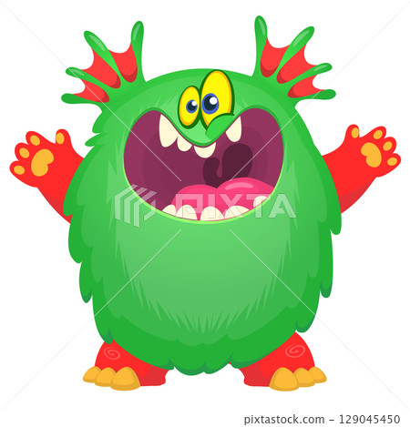Cartoon cute monster with funny excited face expression waving hands . Vector illustration isolated on white. Halloween design Cartoon cute monster with funny excited face expression waving hands . Vector illustration isolated on white. Halloween design 129045450