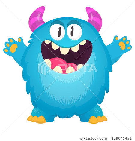 Cartoon cute monster with funny excited face expression waving hands . Vector illustration isolated on white. Halloween design 129045451