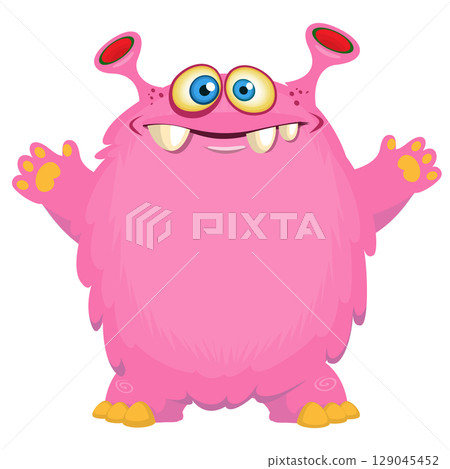 Cartoon cute monster with funny excited face expression waving hands . Vector illustration isolated on white. Halloween design Cartoon cute monster with funny excited face expression waving hands . Vector illustration isolated on white. Halloween design 129045452