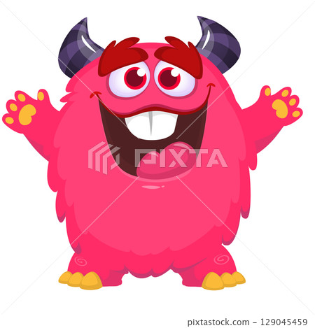 Cartoon cute monster with funny excited face expression waving hands . Vector illustration isolated on white. Halloween design Cartoon cute monster with funny excited face expression waving hands . Vector illustration isolated on white. Halloween design 129045459