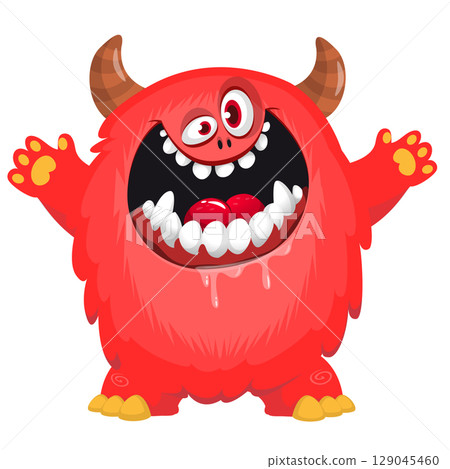 Cartoon cute monster with funny excited face expression waving hands . Vector illustration isolated on white. Halloween design Cartoon cute monster with funny excited face expression waving hands . Vector illustration isolated on white. Halloween design 129045460