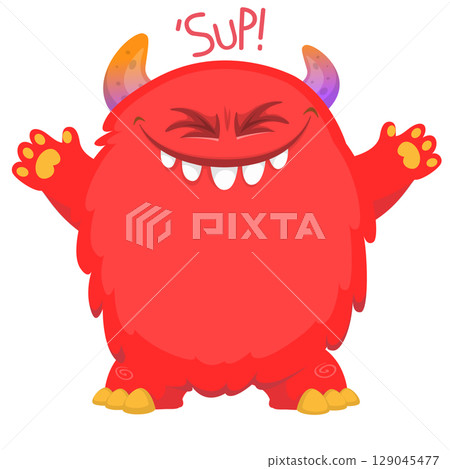 Cartoon cute monster with funny excited face expression waving hands . Vector illustration isolated on white. Halloween design Cartoon cute monster with funny excited face expression waving hands . Vector illustration isolated on white. Halloween design 129045477