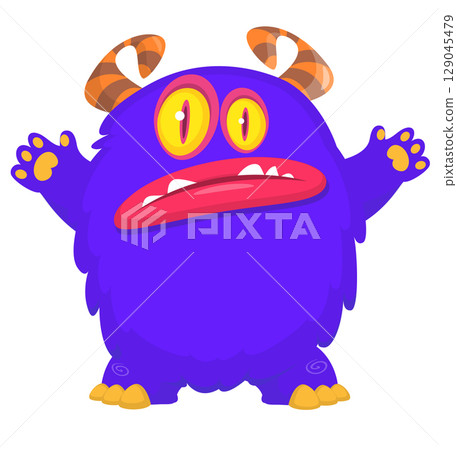 Cartoon cute monster with funny excited face expression waving hands . Vector illustration isolated on white. Halloween design Cartoon cute monster with funny excited face expression waving hands . Vector illustration isolated on white. Halloween design 129045479