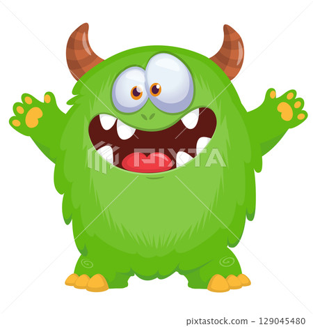 Cartoon cute monster with funny excited face expression waving hands . Vector illustration isolated on white. Halloween design Cartoon cute monster with funny excited face expression waving hands . Vector illustration isolated on white. Halloween design 129045480