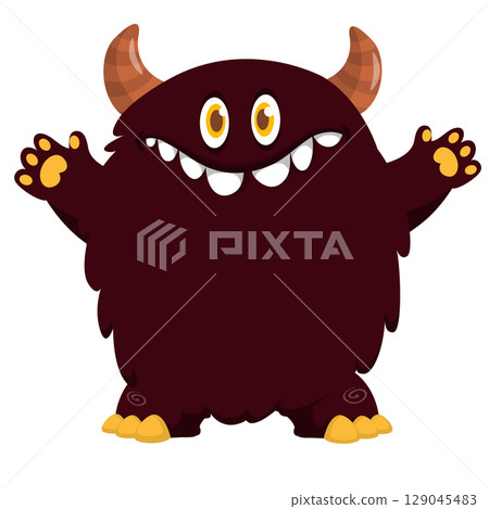 Cartoon cute monster with funny excited face expression waving hands . Vector illustration isolated on white. Halloween design 129045483