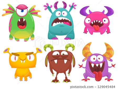 Funny cartoon monsters with different face expressions. Set of cartoon vector happy monsters characters. Halloween design for party decoration,  package design 129045484