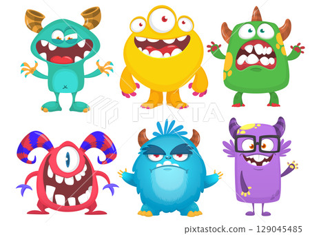 Funny cartoon monsters with different face expressions. Set of cartoon vector happy monsters characters. Halloween design for party decoration,  package design 129045485