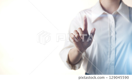 Business concept. A confident gesture by a female leader with leadership and innovative attitude. 129045590