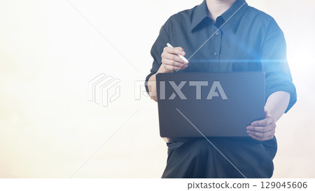 Business concept. A confident gesture by a female leader with leadership and innovative attitude. Business concept. A confident gesture by a female leader with leadership and innovative attitude. 129045606