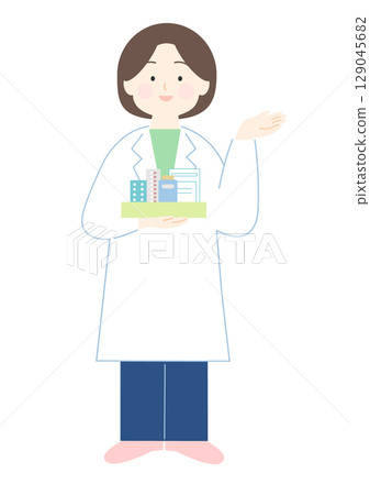 Female pharmacist giving instructions, full body view 129045682