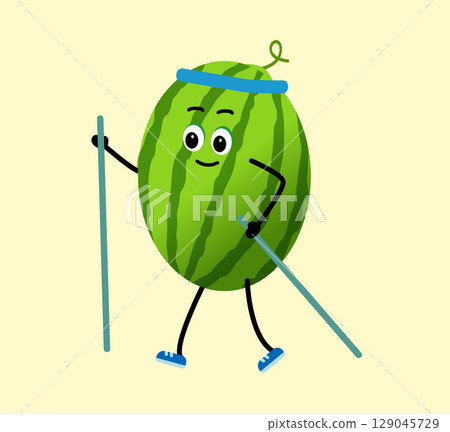 Cute watermelon walks. The concept of health, fitness, cartoon. Cute watermelon walks. The concept of health, fitness, cartoon. 129045729