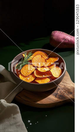 Delicious sweet potato chips arranged on a rustic board with rosemary and sea salt Delicious sweet potato chips arranged on a rustic board with rosemary and sea salt 129045883