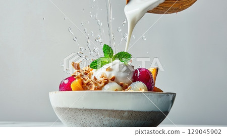 Coconut cream cascading over vibrant Ch Thi dessert with jackfruit, lychee, and tapioca pearls Coconut cream cascading over vibrant Ch Thi dessert with jackfruit, lychee, and tapioca pearls 129045902