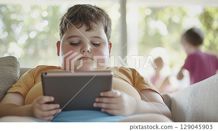 Overweight boy absorbed in tablet while friends play outside in natural sunlight 129045903