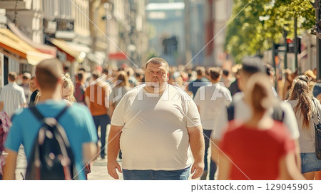 Urban crowd highlights obesity and junk food issues on a bustling city street Urban crowd highlights obesity and junk food issues on a bustling city street 129045905
