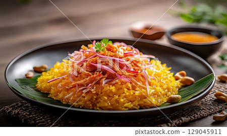 Traditional Xi dish with vibrant sticky rice and toppings served on a banana leaf Traditional Xi dish with vibrant sticky rice and toppings served on a banana leaf 129045911