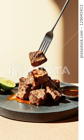 Juicy seared beef cubes with caramelized sauce on a dark slate plate 129045913