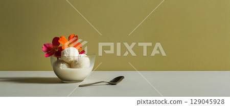 Enjoying pineapple sorbet in a clear glass bowl with edible flowers on a pastel yellow background 129045928