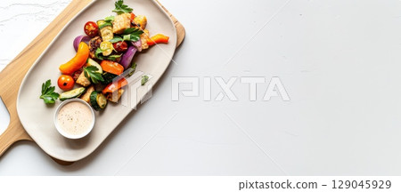 Crispy pan-fried tempeh with roasted vegetables artfully plated on a rustic wooden board 129045929