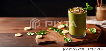 Crafting a vibrant green kefir smoothie with spinach and banana in moody lighting Crafting a vibrant green kefir smoothie with spinach and banana in moody lighting 129045938