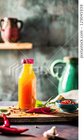 Rustic kitchen display of homemade fermented chili sauce in warm natural light 129045939