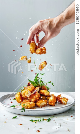 Hands preparing tempeh with fermentation culture in a warm kitchen setting 129045940