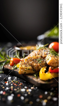 Crispy tempeh and roasted vegetables on a rustic wooden surface with warm, moody lighting 129045941