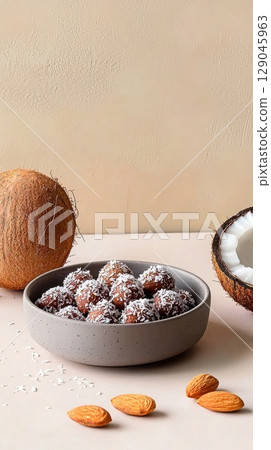 Delicious plant-based snack with almonds and coconut flakes in a rustic kitchen setting Delicious plant-based snack with almonds and coconut flakes in a rustic kitchen setting 129045963