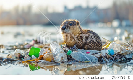 Muskrat resting on floating trash in a polluted urban river during soft morning light 129045968