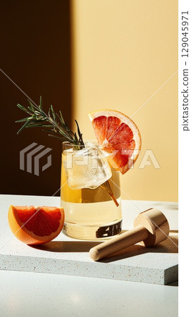 Refreshing grapefruit beverage infused with rosemary and ice on a sunny afternoon Refreshing grapefruit beverage infused with rosemary and ice on a sunny afternoon 129045971