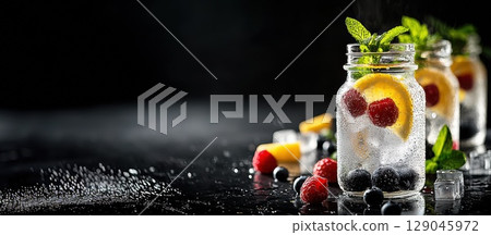 Refreshing berry-infused water in elegant bottles against a minimalistic background Refreshing berry-infused water in elegant bottles against a minimalistic background 129045972