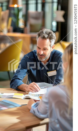 Male consultant helping a female customer with fabric samples in a stylish showroom Male consultant helping a female customer with fabric samples in a stylish showroom 129045973