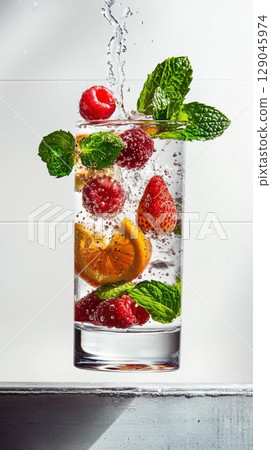Berry-infused water creates a refreshing visual with dynamic liquid motion and vibrant ingredients Berry-infused water creates a refreshing visual with dynamic liquid motion and vibrant ingredients 129045974