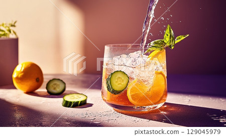 Refreshing cucumber-lemon infused water cascades with shimmering ripples on elegant dining table Refreshing cucumber-lemon infused water cascades with shimmering ripples on elegant dining table 129045979