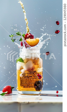 Vibrant kombucha splash with fresh fruits and herbs showcasing natural probiotics Vibrant kombucha splash with fresh fruits and herbs showcasing natural probiotics 129045980