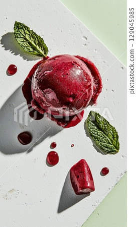 Single scoop of guava sorbet with mint leaves on a white surface with floating bubbles Single scoop of guava sorbet with mint leaves on a white surface with floating bubbles 129045985