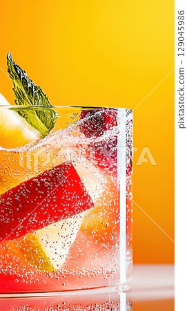 Refreshing berry-infused water with mint in a crystal-clear glass for summer enjoyment Refreshing berry-infused water with mint in a crystal-clear glass for summer enjoyment 129045986
