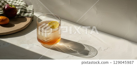 Refreshing glass of kombucha with lemon slice on rustic picnic table in summer sun Refreshing glass of kombucha with lemon slice on rustic picnic table in summer sun 129045987