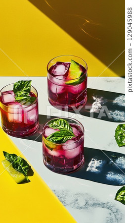 Refreshing watermelon basil-infused water presented in elegant glasses on a marble surface Refreshing watermelon basil-infused water presented in elegant glasses on a marble surface 129045988