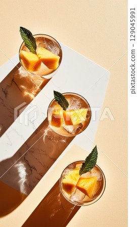 Refreshing tropical fruit-infused water featuring mango and pineapple with fresh mint garnish Refreshing tropical fruit-infused water featuring mango and pineapple with fresh mint garnish 129045991