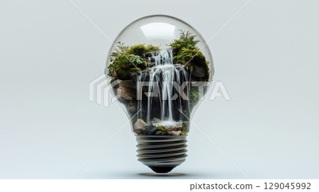 Transparent lightbulb featuring miniature waterfall and moss for eco-friendly design inspiration Transparent lightbulb featuring miniature waterfall and moss for eco-friendly design inspiration 129045992