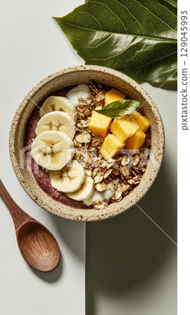 Vibrant aai bowl with banana and mango topped in a serene eco-style setting Vibrant aai bowl with banana and mango topped in a serene eco-style setting 129045993